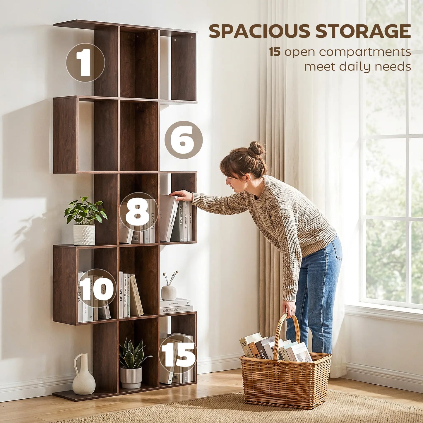 5-Tier S Shaped Geometric Bookshelf, 15 Compartments, Black Wood Grain, Black Display Bookshelves at Gallery Canada