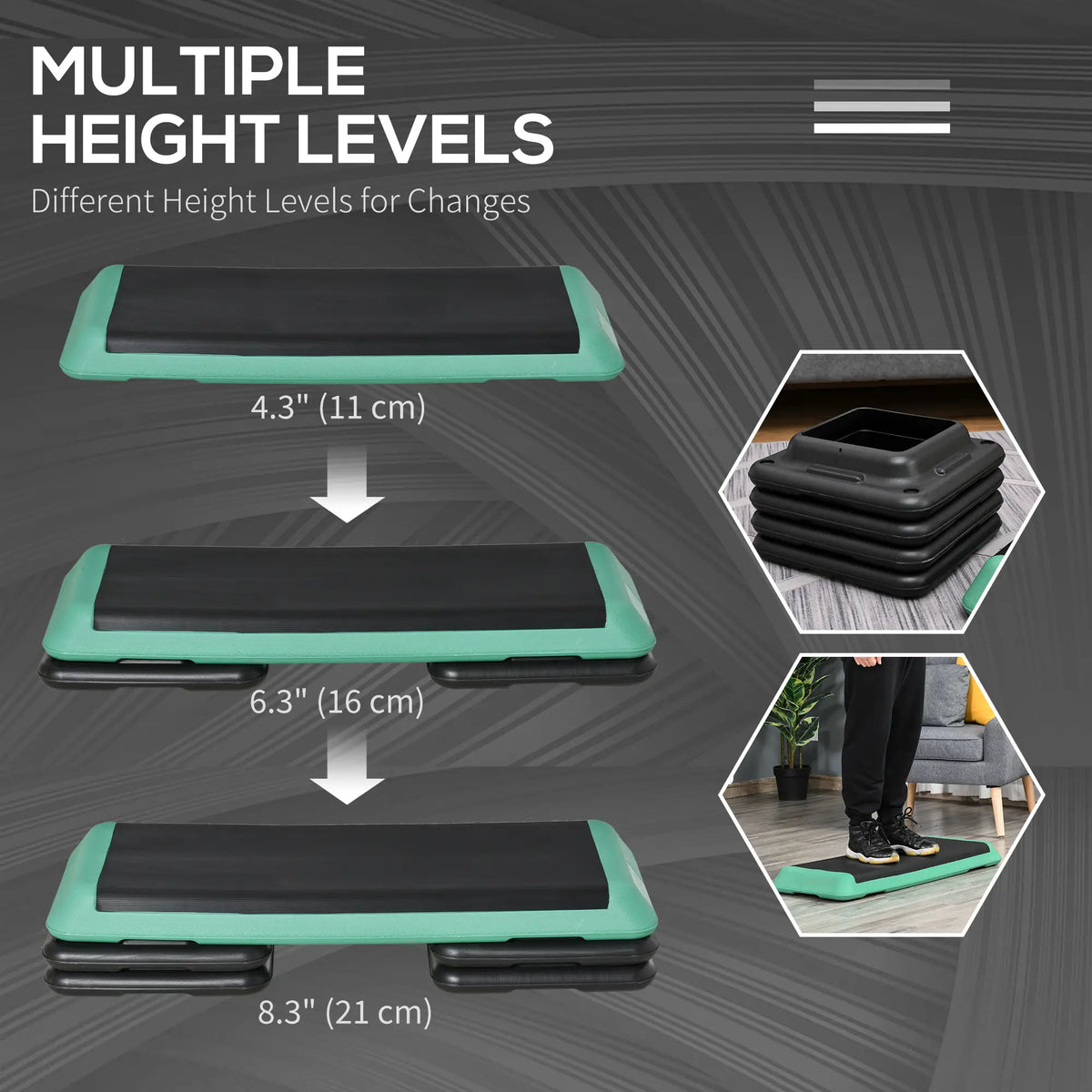 43 Stepper Aérobique Réglable, 3 Niveaux de Marches, Cardio Fitness, Noir, Vert