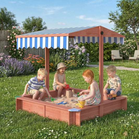 Wooden Sandbox with Cover, Adjustable Canopy, Seats, Dark Brown Sandboxes & Accessories Dark Brown, Blue at Gallery Canada