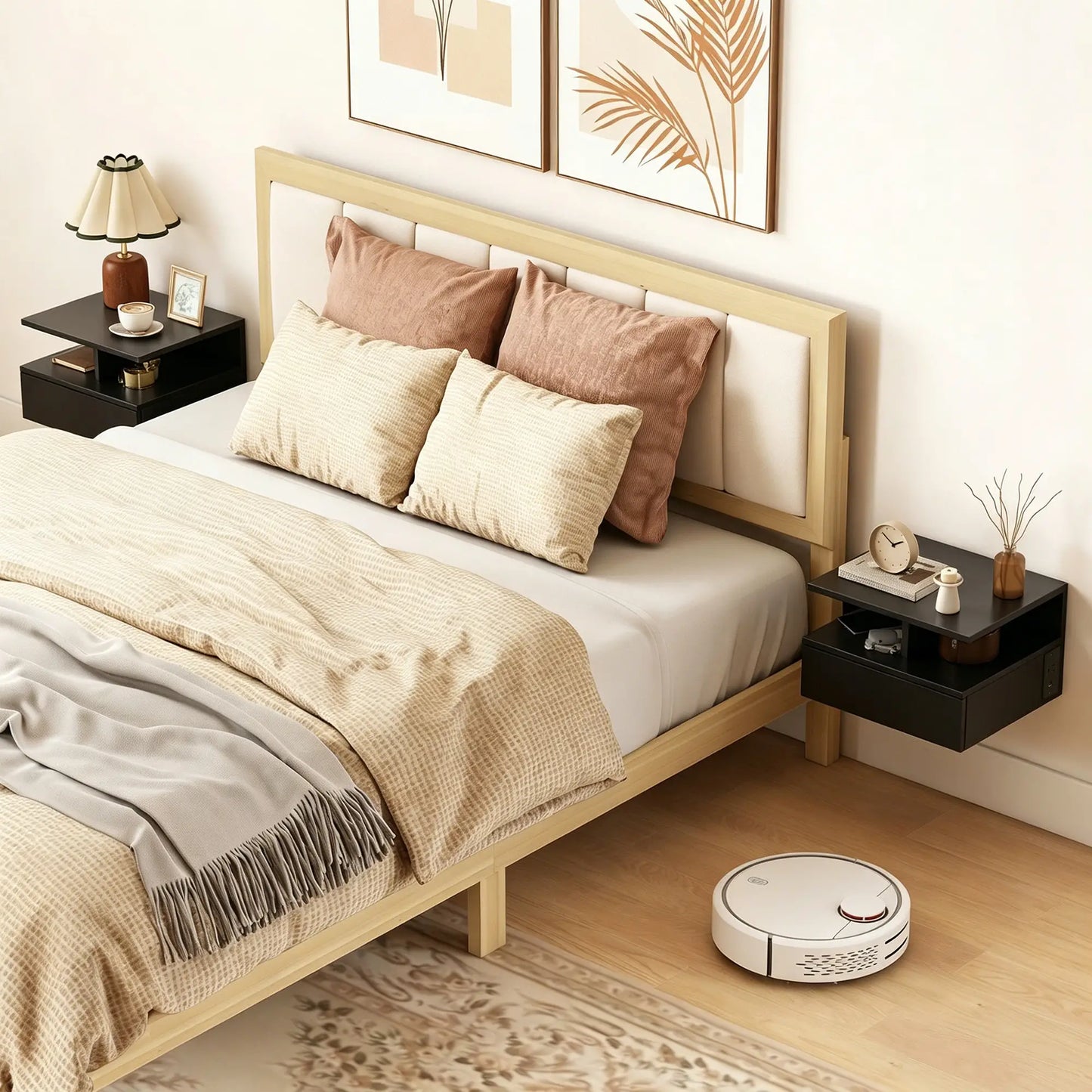 Floating Nightstand Set of 2, Wall Mounted Bedside Table with with Power Outlets, Drawer and Shelf, Black