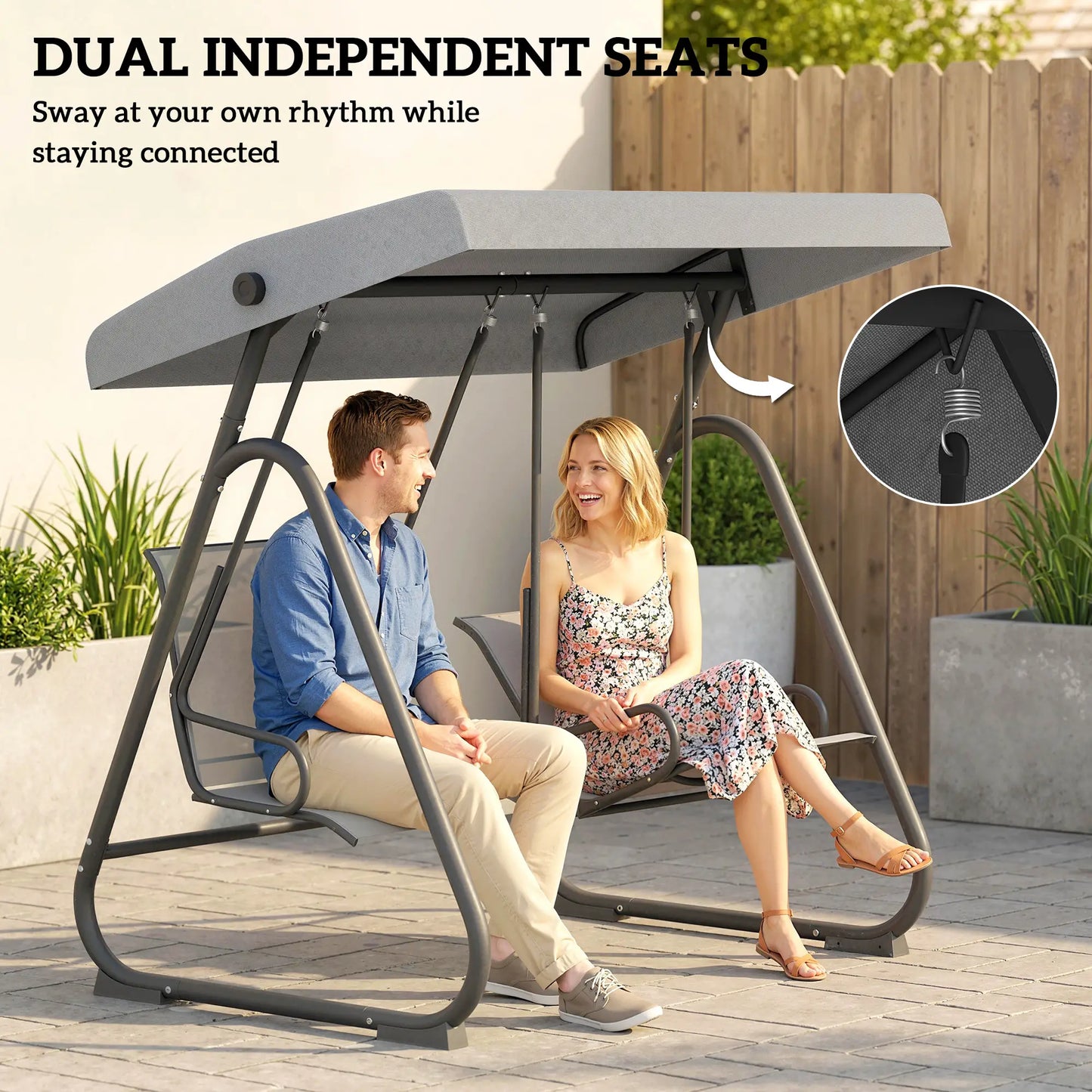 Patio Swing Chair w/Adjustable Canopy Outdoor Porch Swing Glider w/Dual Independent Seats 2-Seat Grey Patio Swings with Stand at Gallery Canada