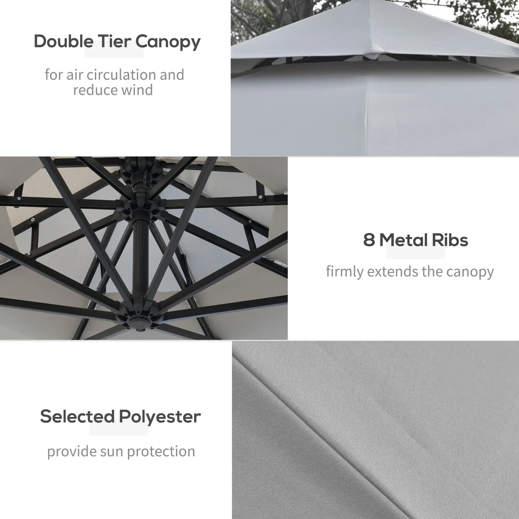 10FT Solar Cantilever Patio Umbrella with Lights, Crank, Cross Base, Light Grey Cantilever Umbrellas at Gallery Canada