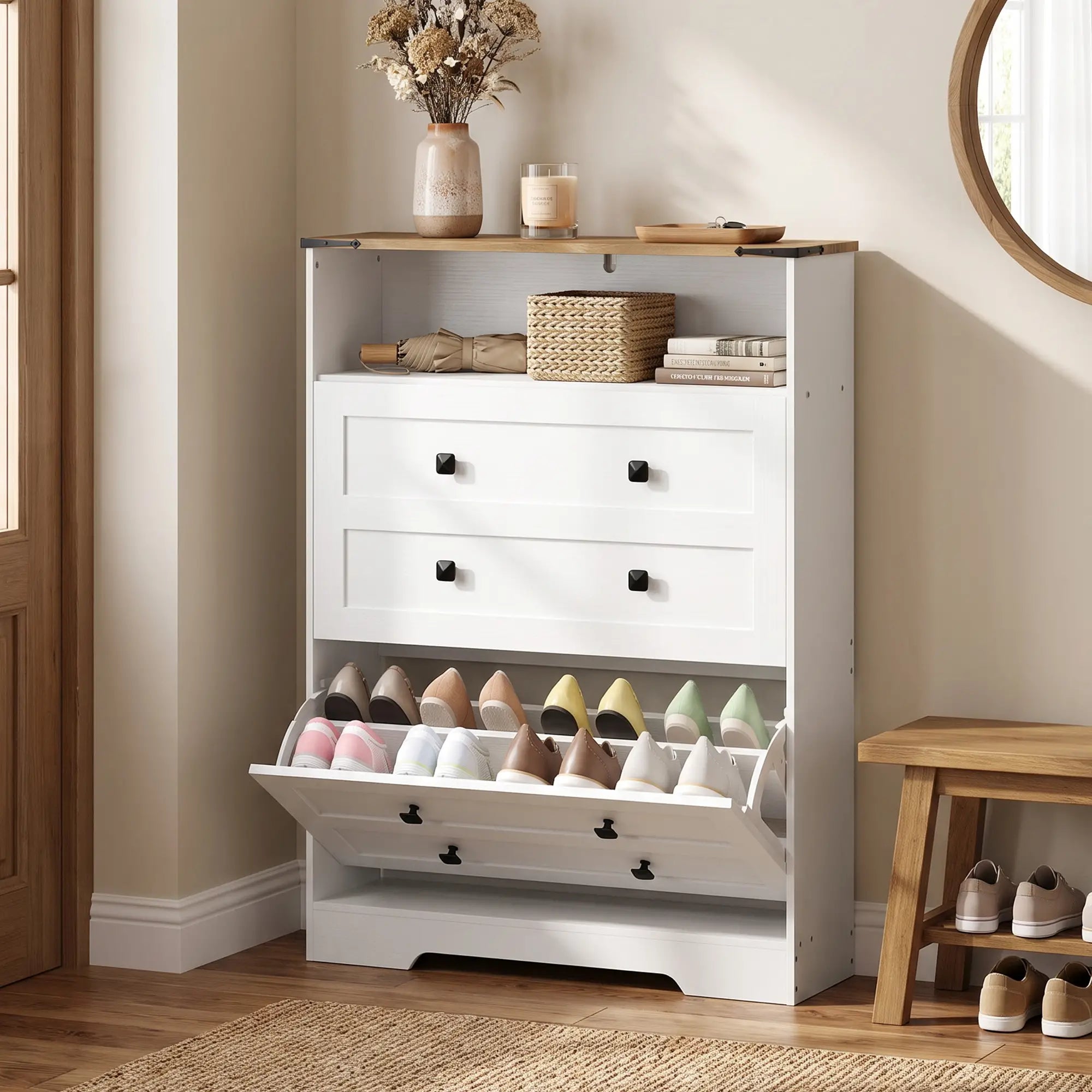 Shoe Cabinet, 2 Flip Drawers, Narrow Storage, White Shoe Storage Cabinets & Racks at Gallery Canada