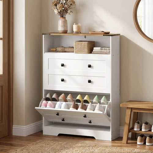 Shoe Cabinet, 2 Flip Drawers, Narrow Storage, White