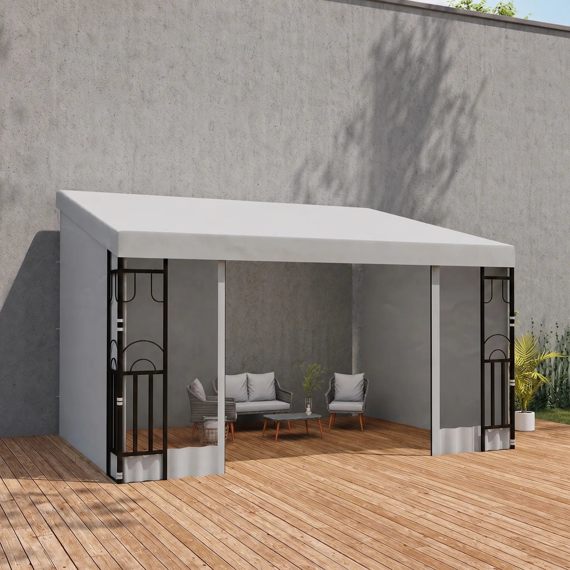 10' x 13' Wall Pergola, Outdoor Gazebo, 2 Curtains, 2 Nettings, UV Resistant, Light Grey Pergolas at Gallery Canada