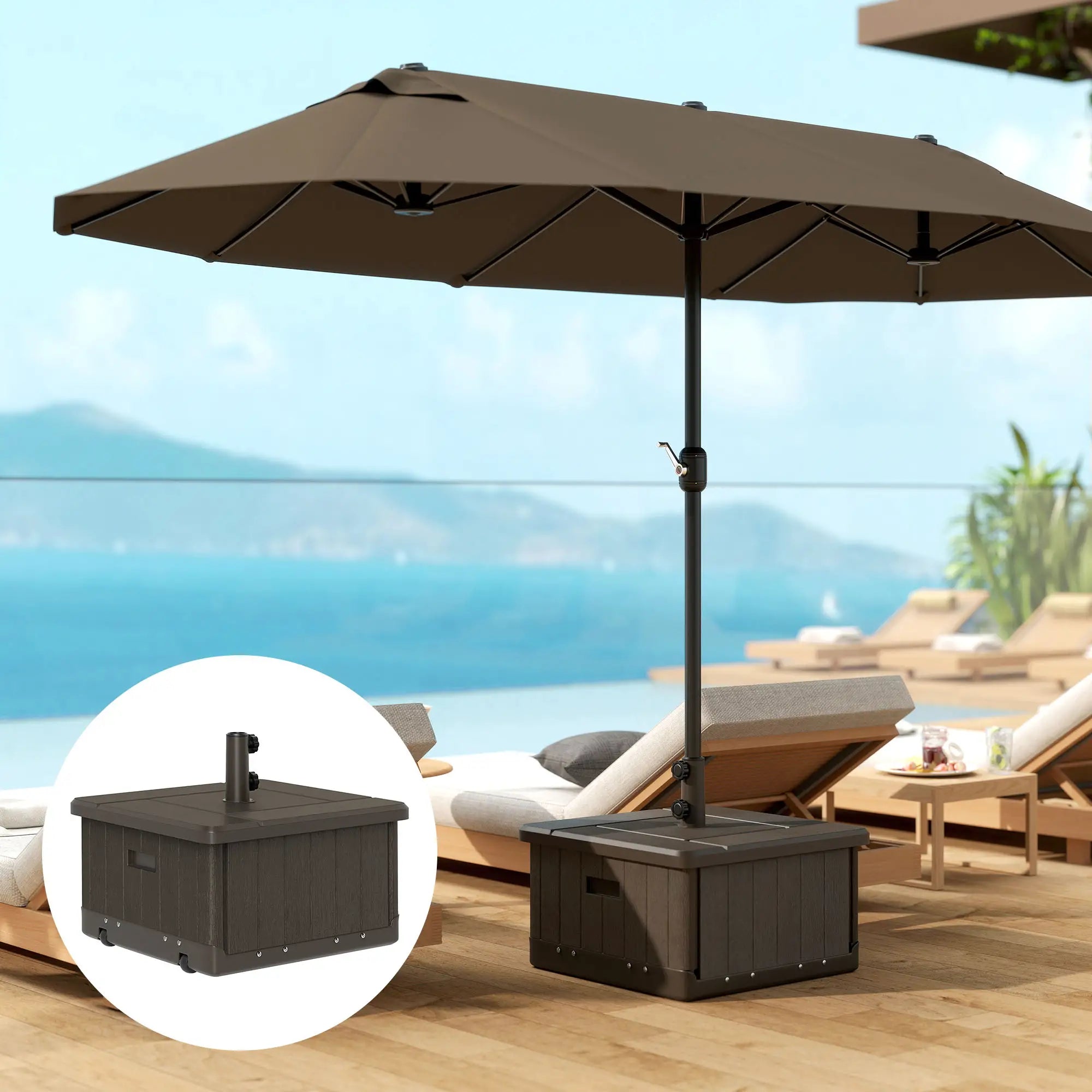 Outdoor Umbrella Base with Wheels, End Table, Flower Box, 176 lbs., Brown Umbrella Bases at Gallery Canada