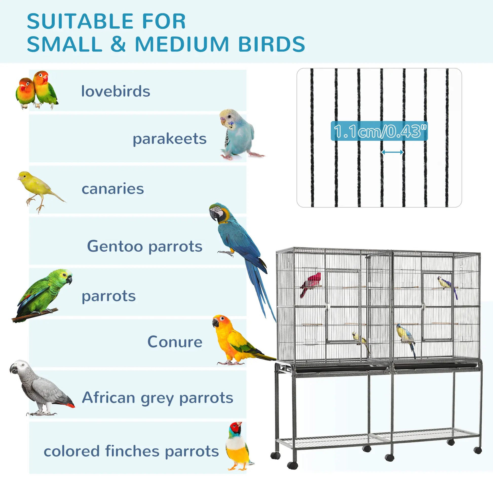 64" Extra Large Bird Cage, Rolling Metal Parrot Cage, 62.8" x 18.9" x 64.2" Bird Cages at Gallery Canada