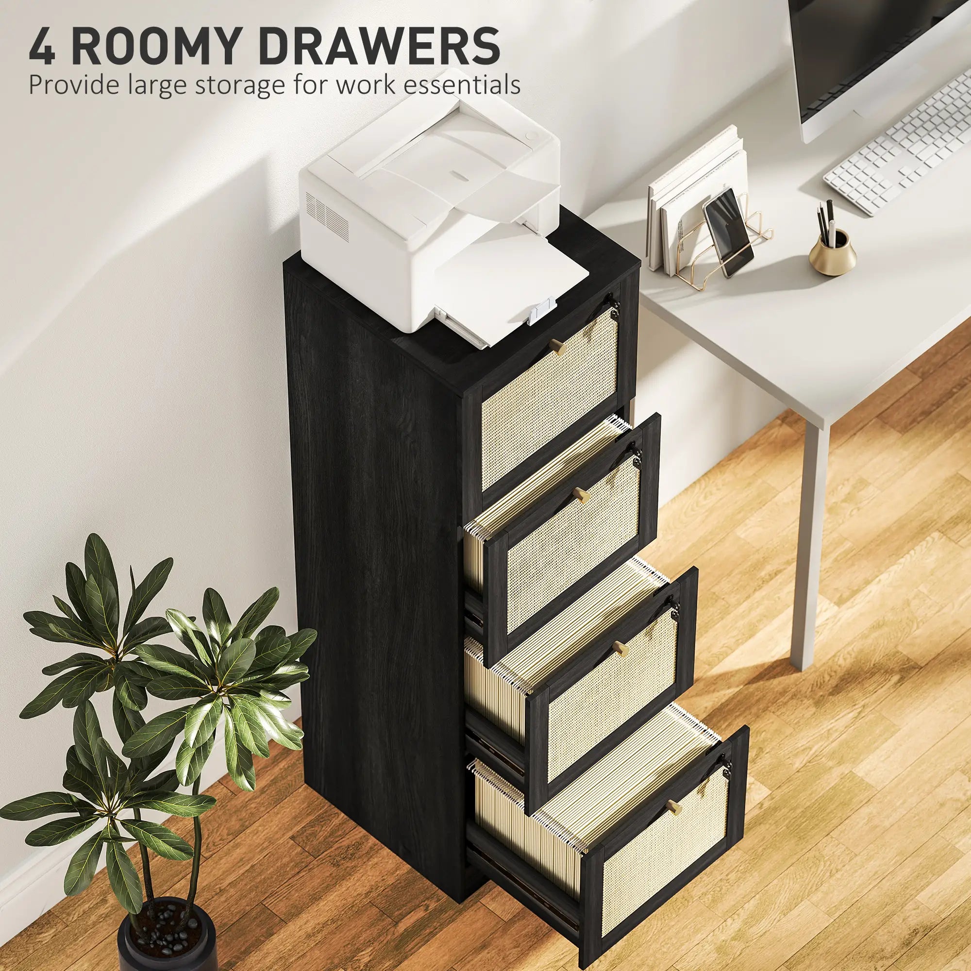 4 Drawer Filing Cabinet with Lock, Boho Style, A4 Letter Size, Black Office Cabinets & Cupboards at Gallery Canada