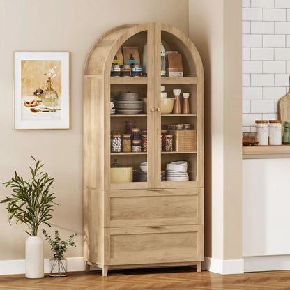 Arched Pantry Cabinet 71" Tall Oak, 2 Drawers, Oak