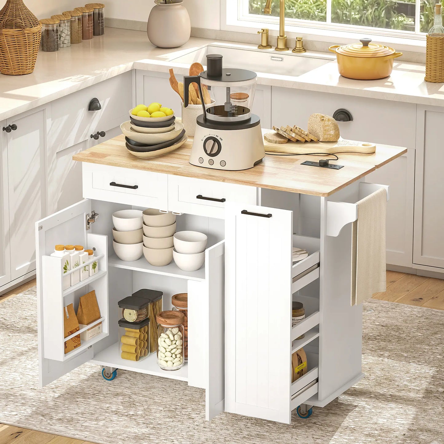 Kitchen Island on Wheels, Wood Drop Leaf, Charging Station, Adjustable Shelf, White Kitchen Islands & Kitchen Carts at Gallery Canada