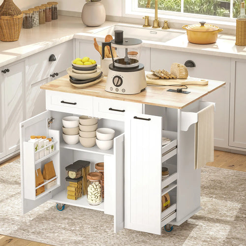 Kitchen Island on Wheels, Wood Drop Leaf, Charging Station, Adjustable Shelf, White