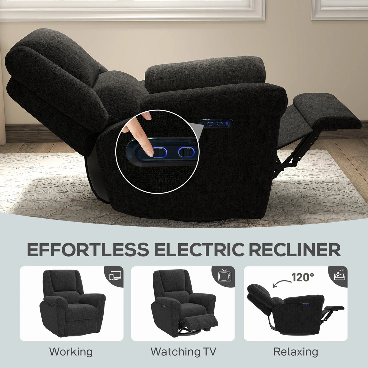 Power Recliner Chair, Fabric, USB Ports, Swivel & Rocking, Black Sofas & Reclining Chairs at Gallery Canada