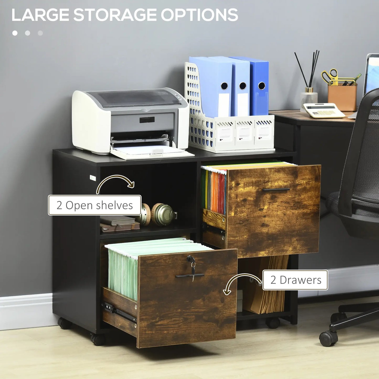 Lateral Filing Cabinet with Drawers, Lock, Wheels, Rustic Brown Office Cabinets & Cupboards at Gallery Canada