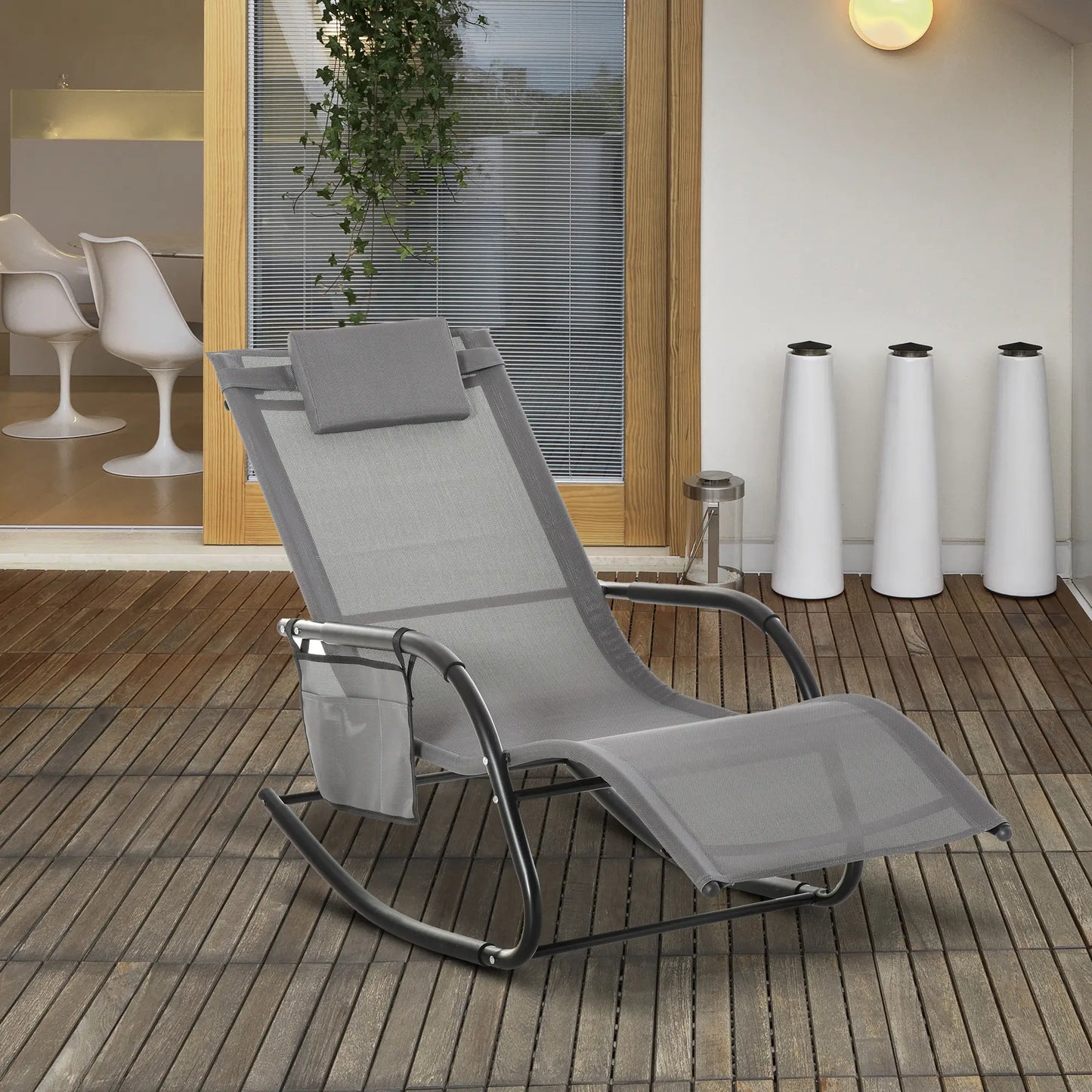 Outdoor Rocking Chair, Mesh Fabric, Removable Headrest, Side Pocket, Grey Outdoor Rocking Chairs at Gallery Canada