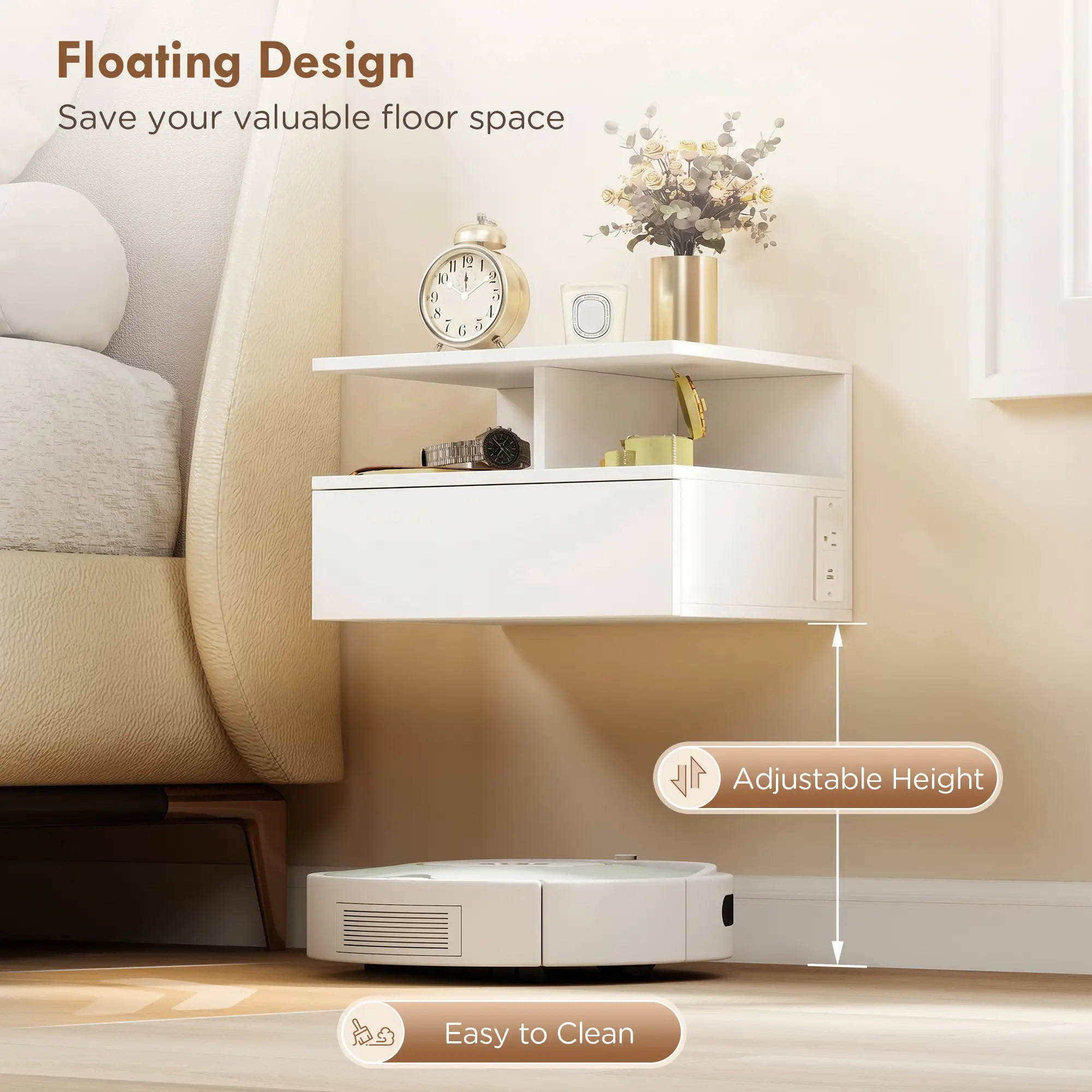 Floating Nightstand Set of 2, Wall Mounted Bedside Table with with Power Outlets, Drawer and Shelf, White Bedside Tables at Gallery Canada