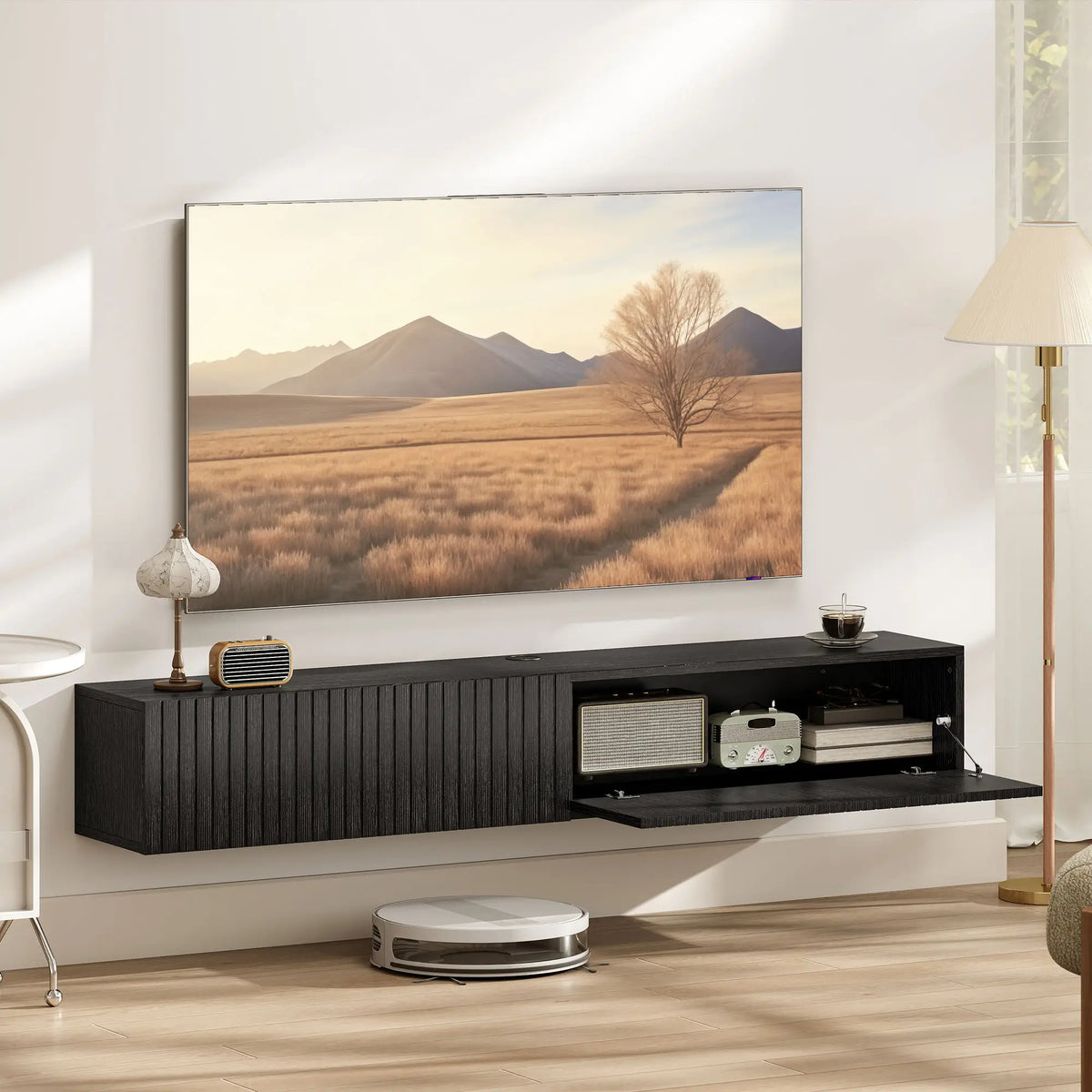 55 Inch Floating TV Stand, Wall Mount Media Console, 2 Fluted Doors, Black TV Stands at Gallery Canada