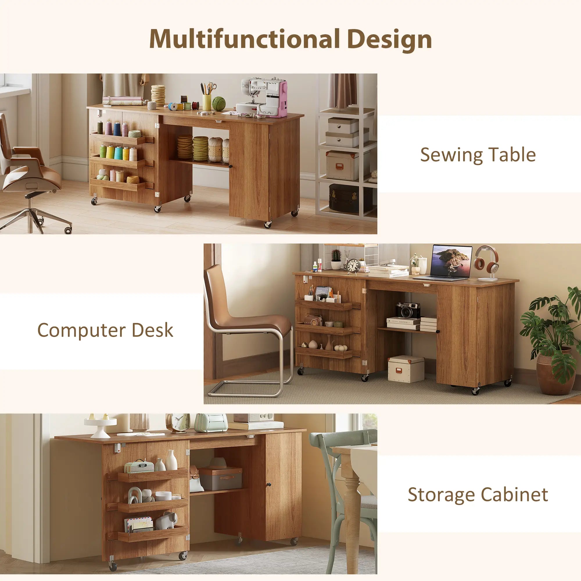 Sewing Machine Table, Drop Leaf, 2 Doors, Adjustable Shelf, Brown Sewing Cabinets at Gallery Canada