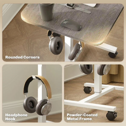 Height Adjustable Standing Desk, Pneumatic Sit Stand Desk with Wheels and Headphone Hook, Grey Office Desks & Work Stations at Gallery Canada