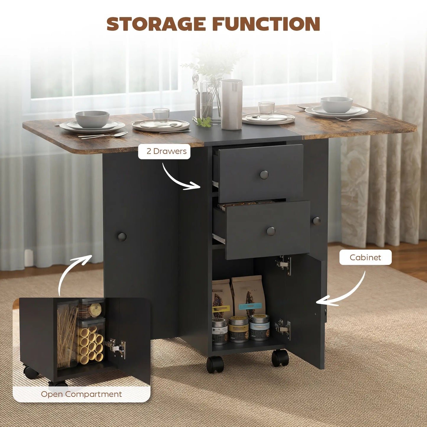 Drop Leaf Dining Table On Wheels With Drawers, Rustic Brown And Black, Brown, Black Dining Tables at Gallery Canada