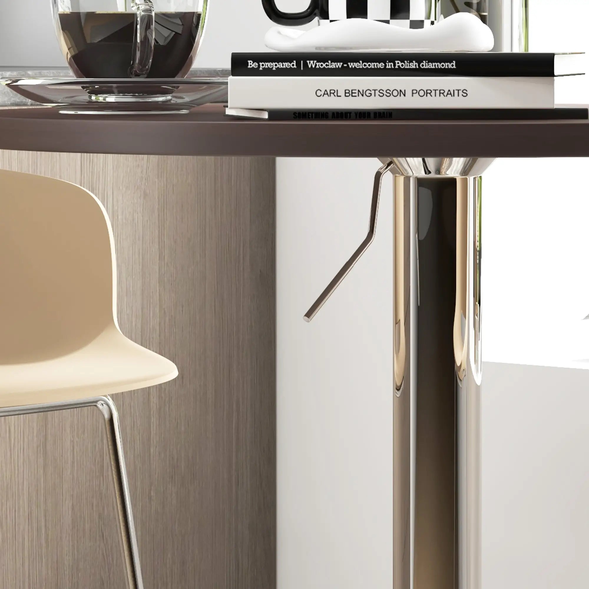 Adjustable Round High Top Bar Table, Swivel Top, Steel Base, Walnut Bar Tables & Dining Tables at Gallery Canada