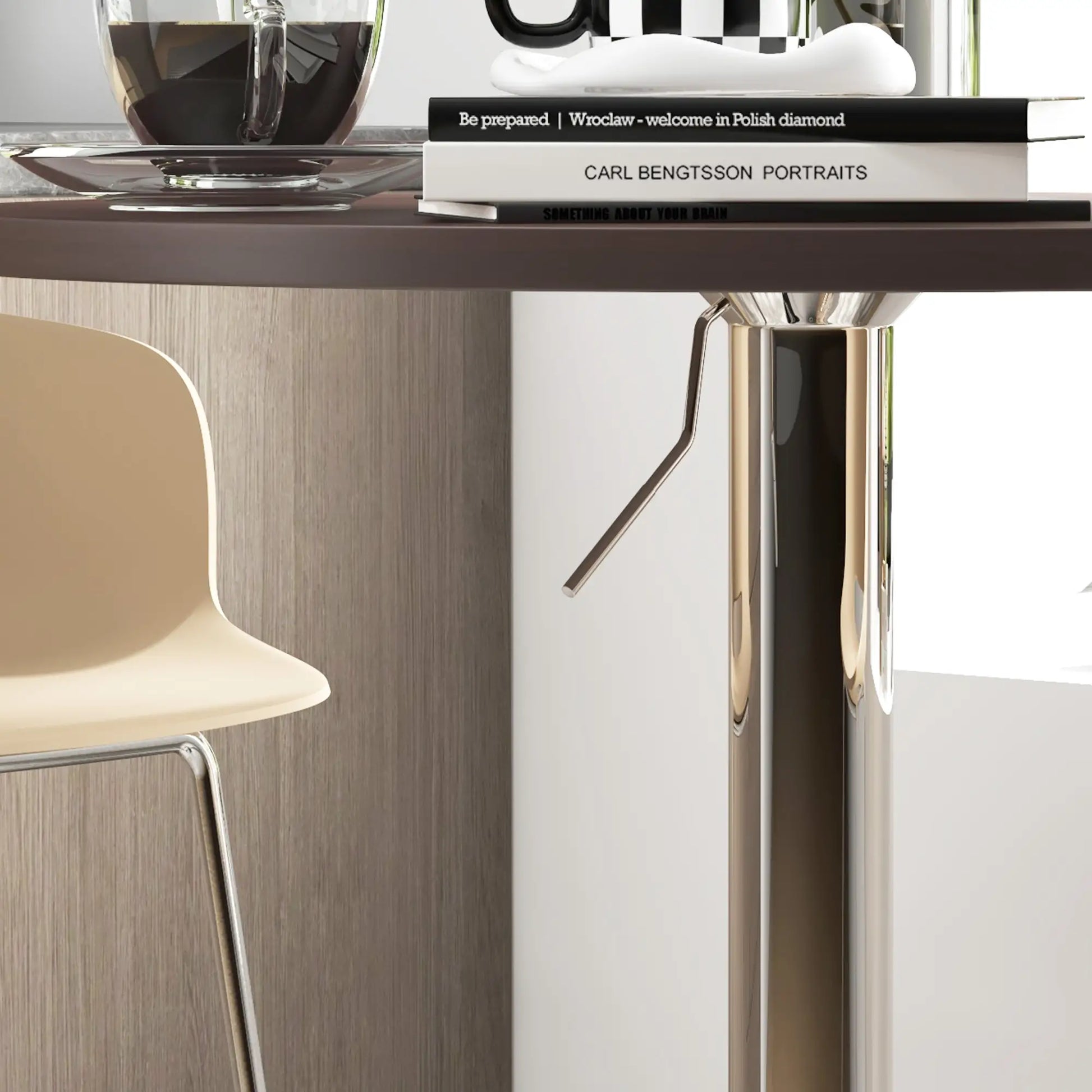 Adjustable Round High Top Bar Table, Swivel Top, Steel Base, Walnut Bar Tables & Dining Tables at Gallery Canada