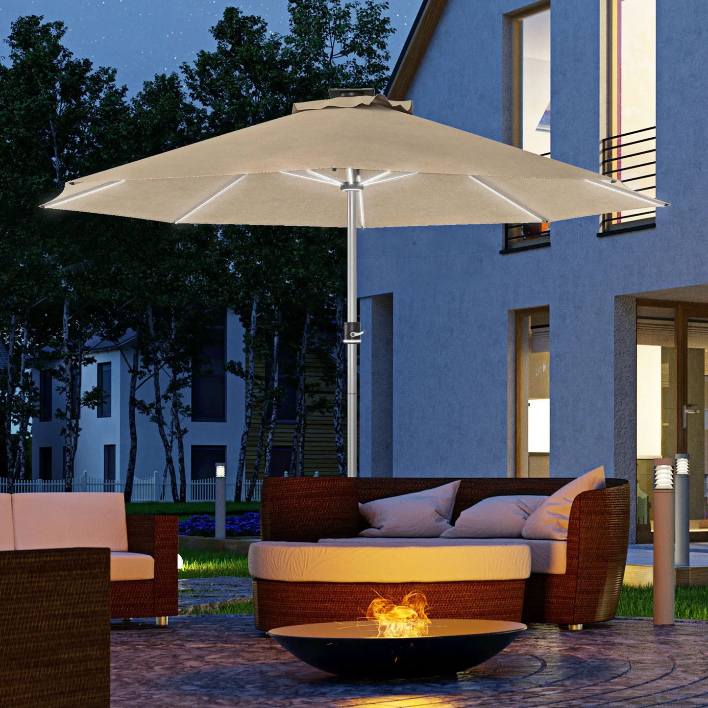 LED Patio Umbrella, Solar & USB Charging, 4 Lighting Modes, Khaki Sun Umbrellas at Gallery Canada