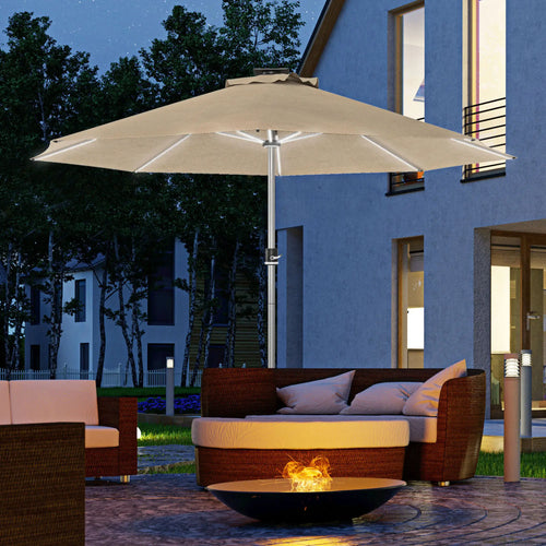 LED Patio Umbrella, Solar & USB Charging, 4 Lighting Modes, Khaki