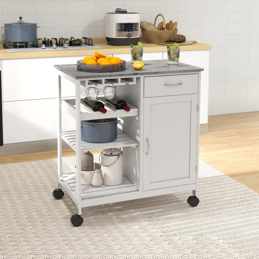 Rolling Kitchen Cart, Bar Cart on Wheels with Wine Rack, Drawer, Open Shelves, Cabinet and Faux Marble Top, Kitchen Island with Storage, White - Gallery Canada