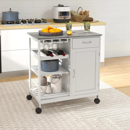 Rolling Kitchen Cart, Bar Cart with Wine Rack, Drawer, Shelves, White