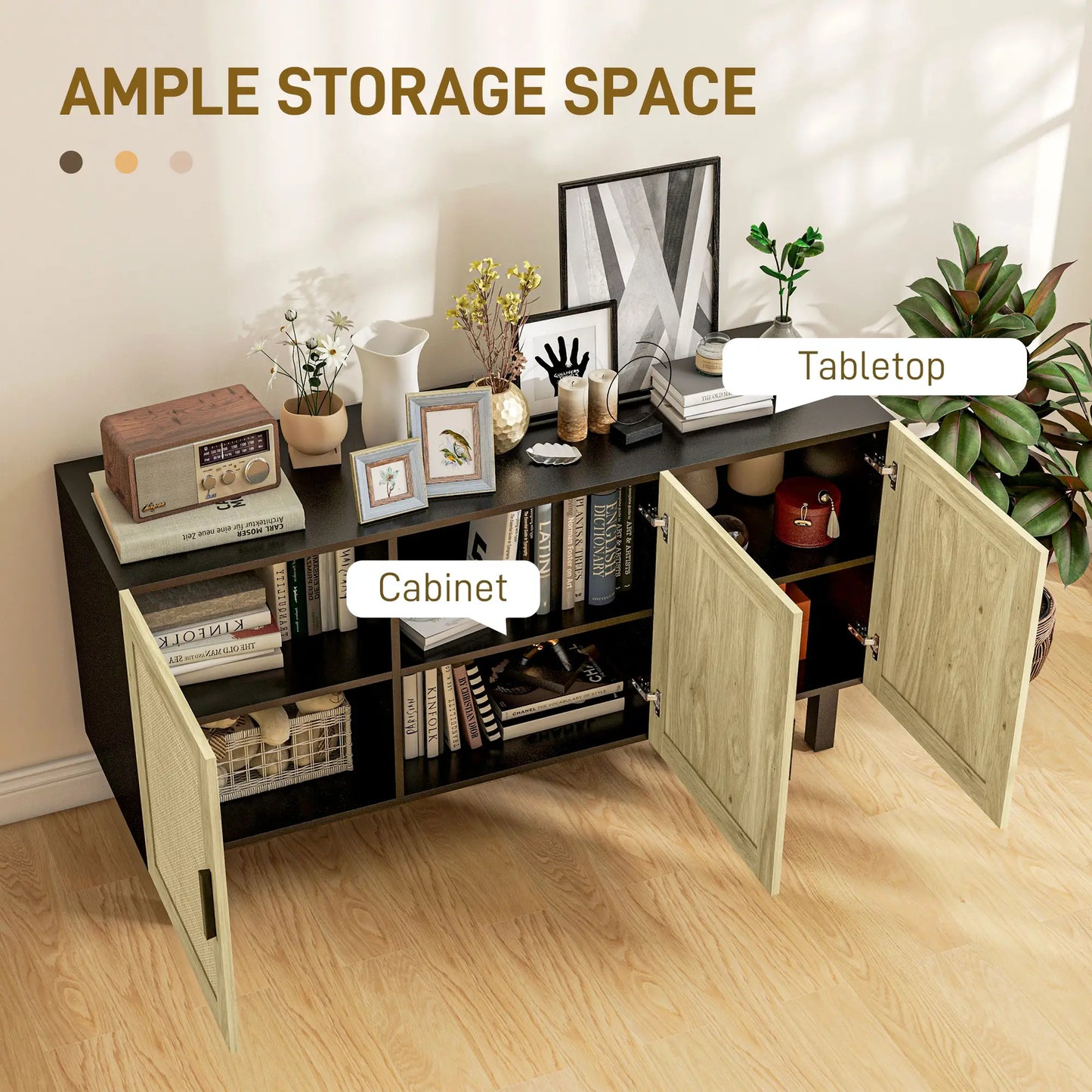 Boho Sideboard, 3 Rattan Doors, Adjustable Shelves, Natural, Black Storage Cabinets at Gallery Canada