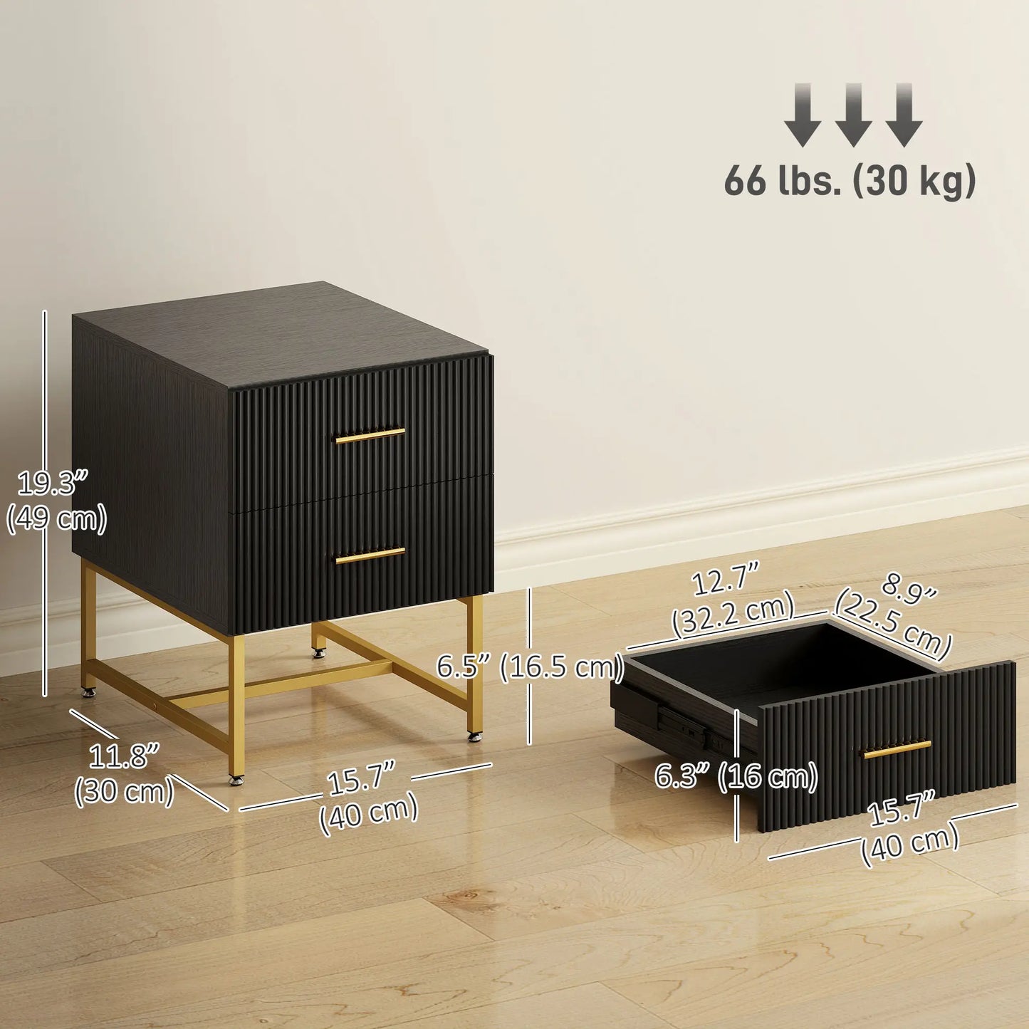Modern Nightstands With Storage, 2 Fluted Drawers, Gold Legs, Black Bedside Tables at Gallery Canada