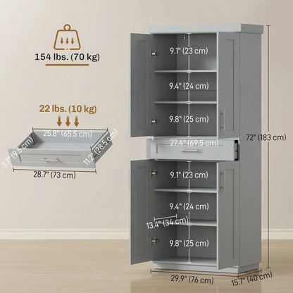 72" Storage Cabinet, Freestanding Kitchen Pantry Cabinet with 4 Doors, Drawer and 3 Adjustable Shelves, Grey Kitchen Pantry Cabinets at Gallery Canada
