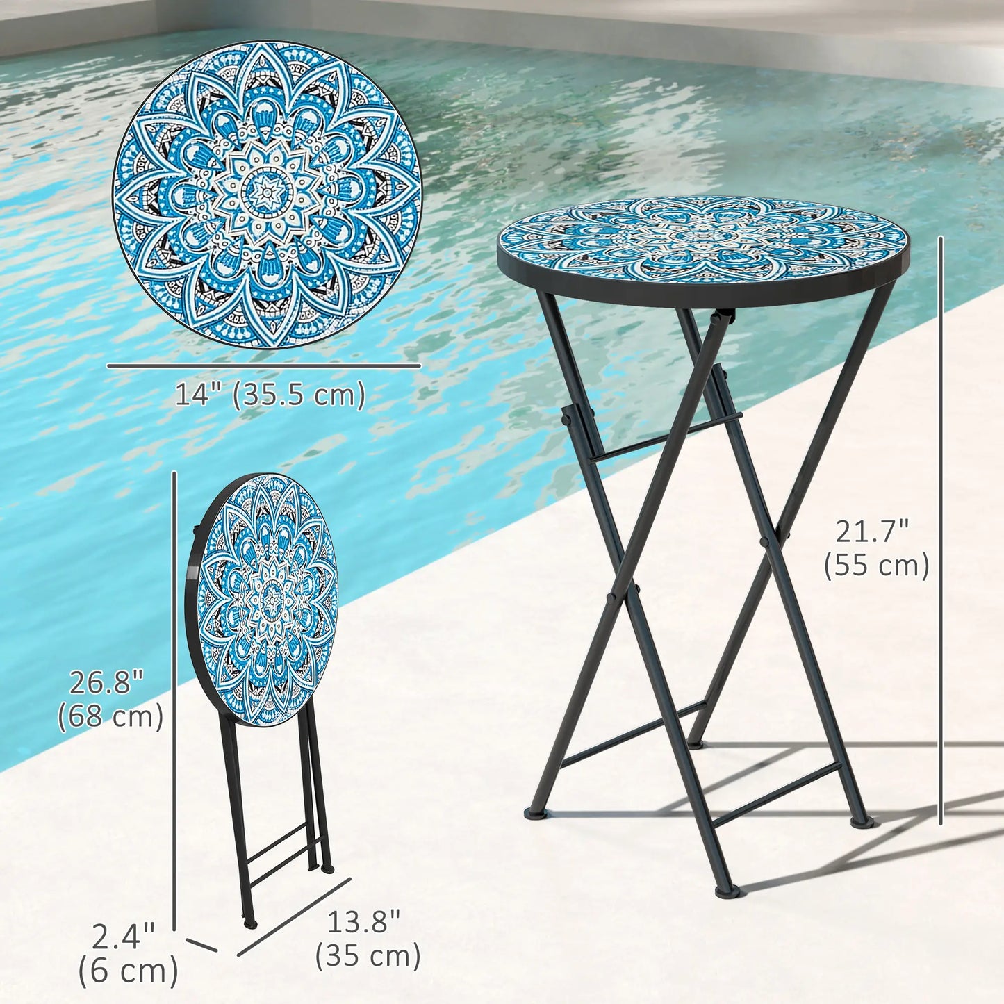 Mosaic Outdoor Patio Side Table, 14" Round, Steel Frame, Blue Patio Side Tables at Gallery Canada