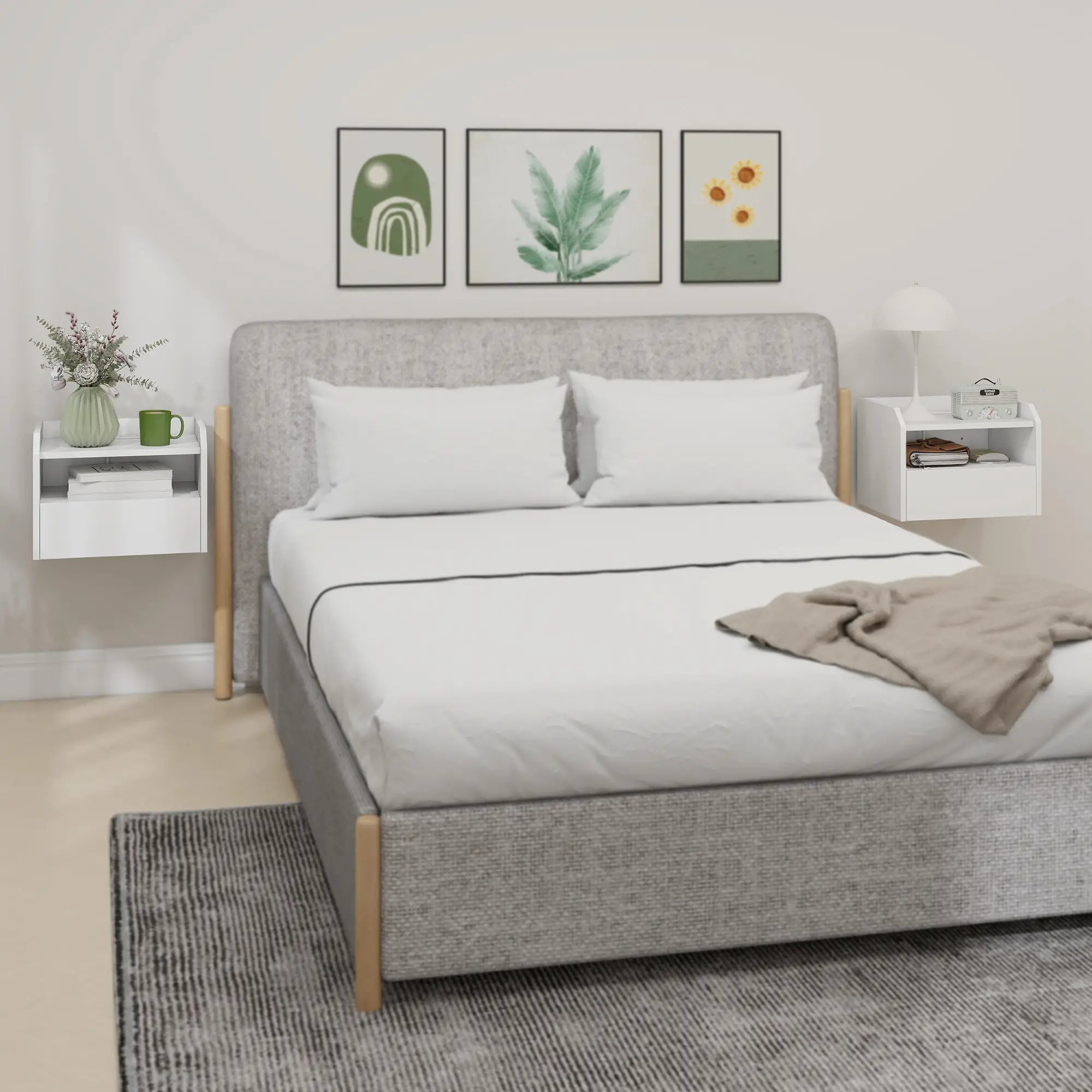 Wall Mounted Bedside Table Set of 2, Charging Station, Drawer, Shelf, White Bedside Tables at Gallery Canada