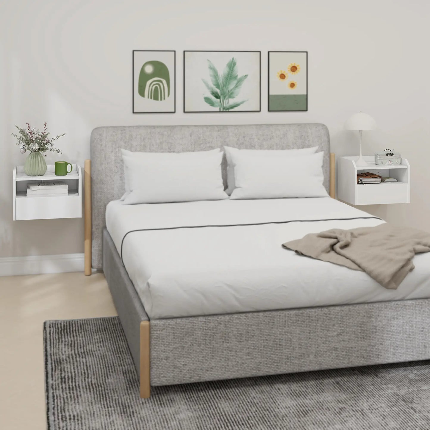 Wall Mounted Bedside Table Set of 2, Charging Station, Drawer, Shelf, White Bedside Tables at Gallery Canada