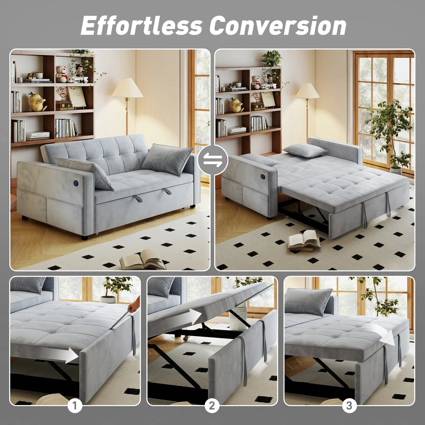3-In-1 Convertible Sofa Bed, Pull Out Sleeper, Adjustable Backrest, Light Grey 2-Seater Sofas at Gallery Canada