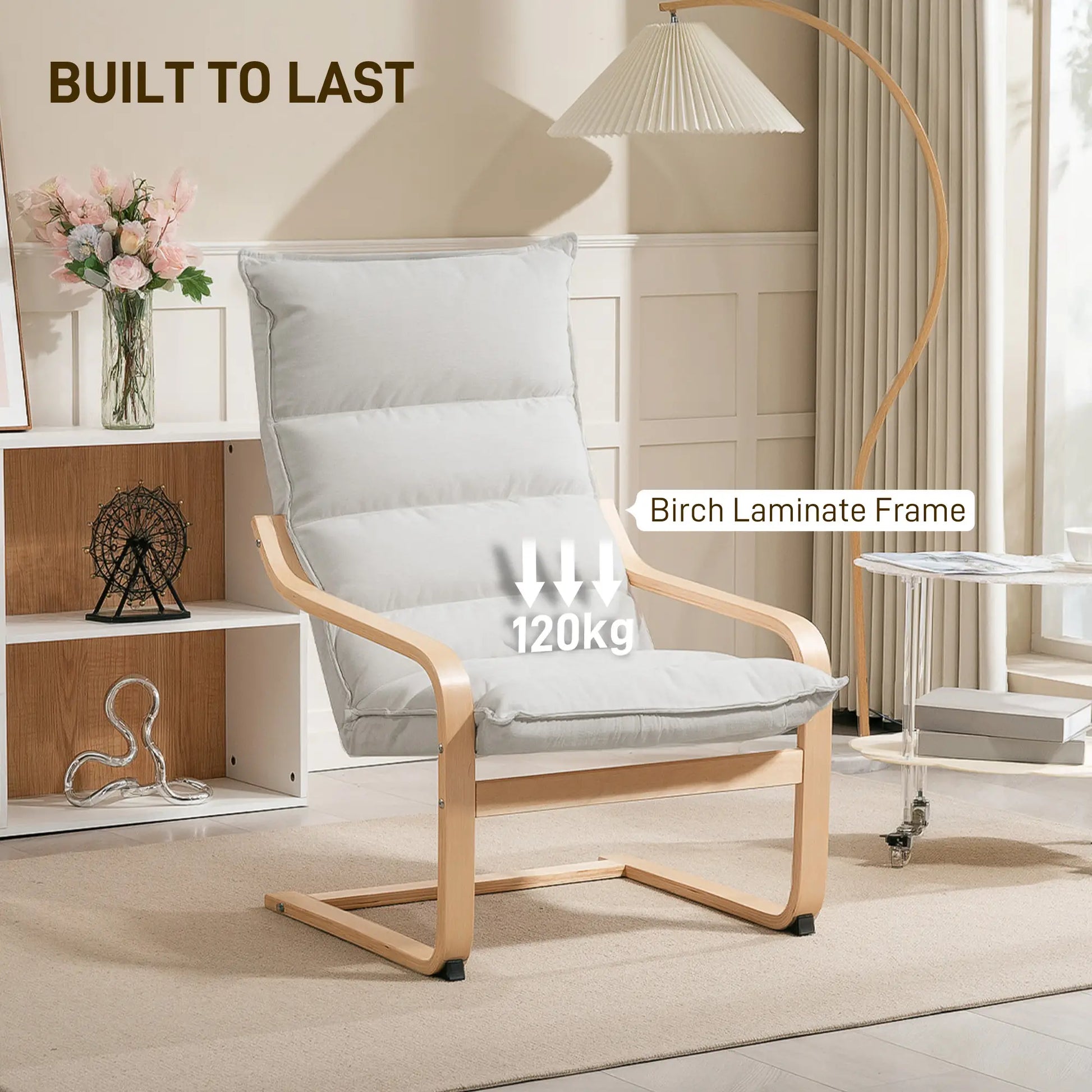 Birch Wood Fabric Modern Armchair, Curved Leg and Arm, Cream White Accent Chairs at Gallery Canada