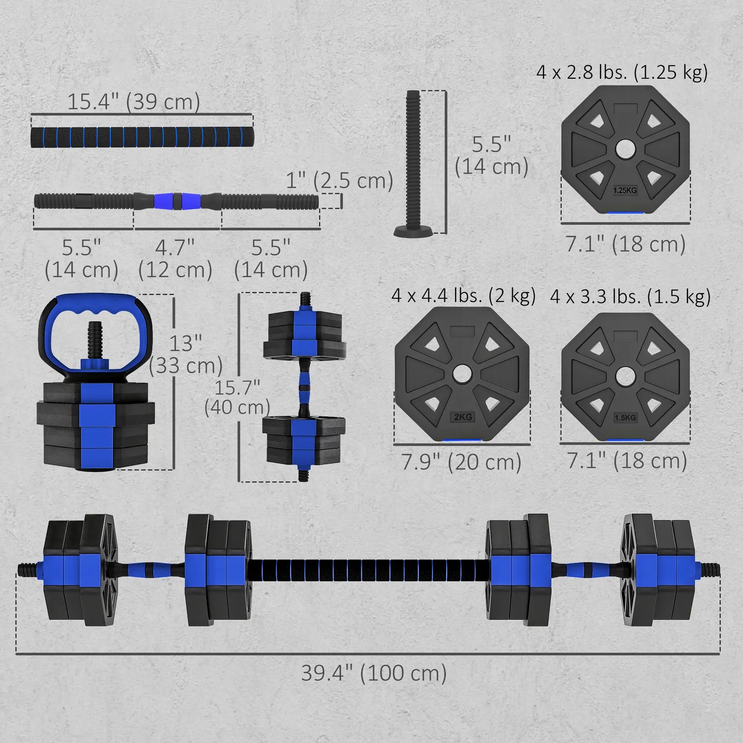 4-in-1 Adjustable Dumbbell Set, Kettlebell, Barbell, Dumbbell, 44lbs, Blue Dumbbells & Barbells at Gallery Canada