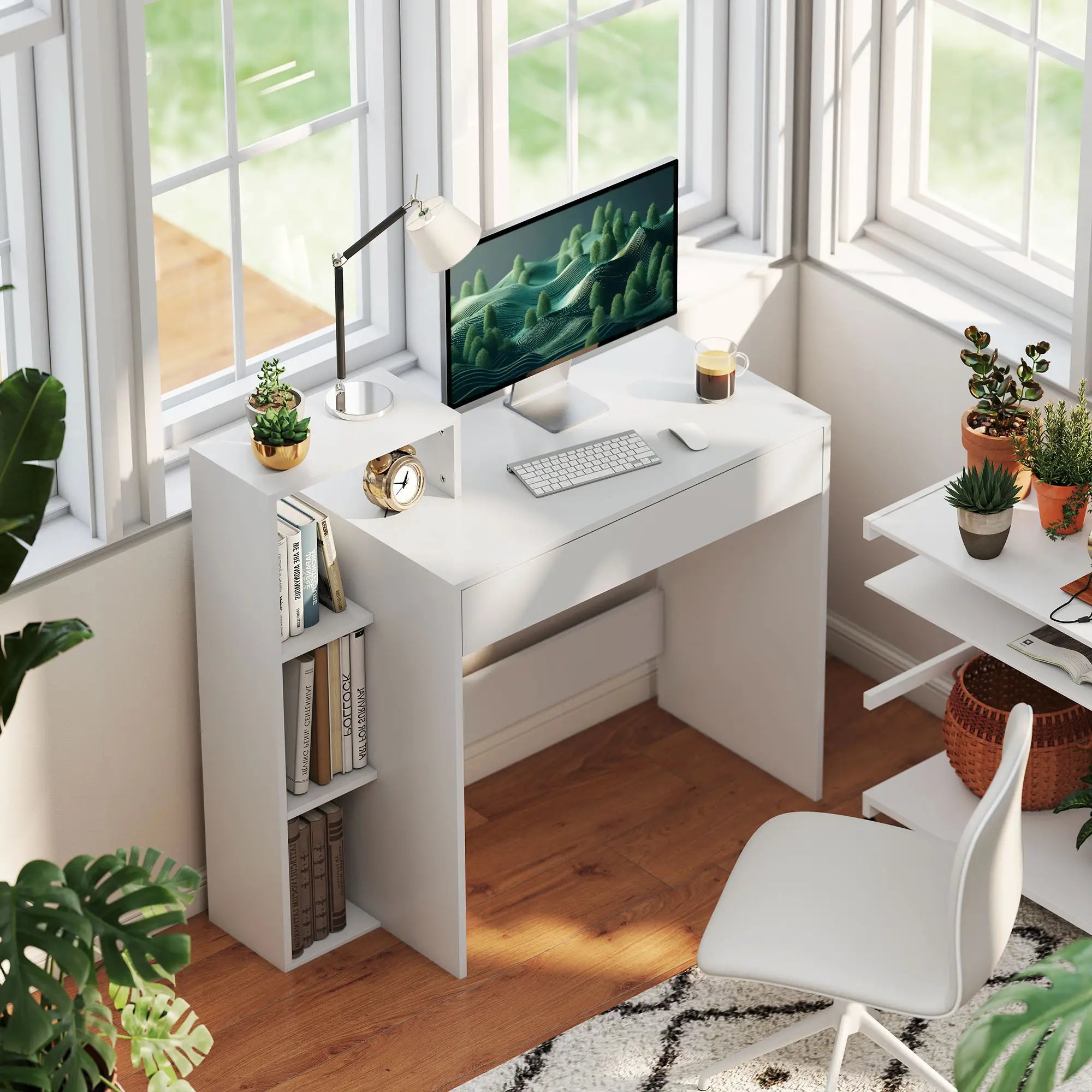 Computer Desk With Storage, 3 Open Shelves And Drawer, White Writing Desks at Gallery Canada