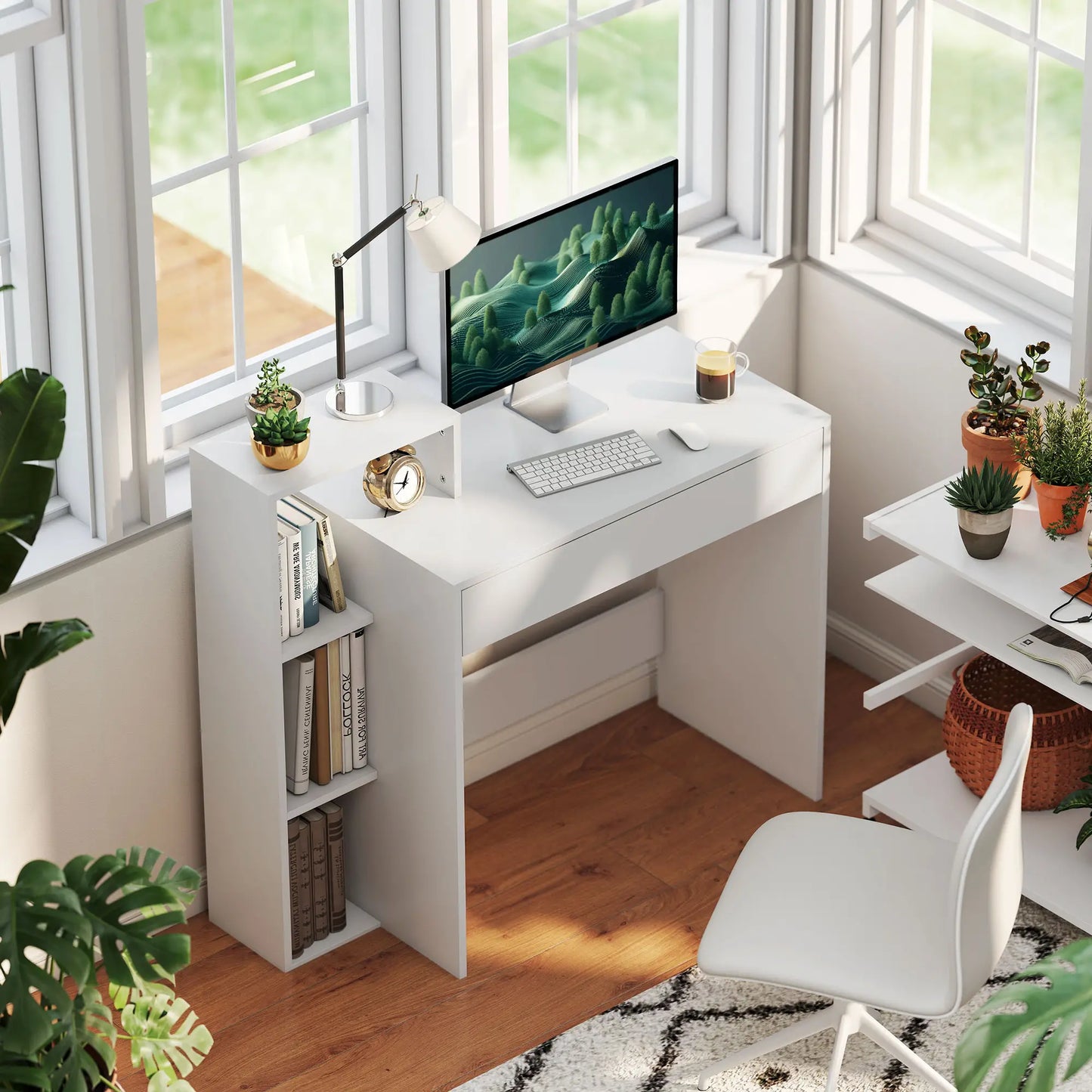 Computer Desk With Storage, 3 Open Shelves And Drawer, White Writing Desks at Gallery Canada