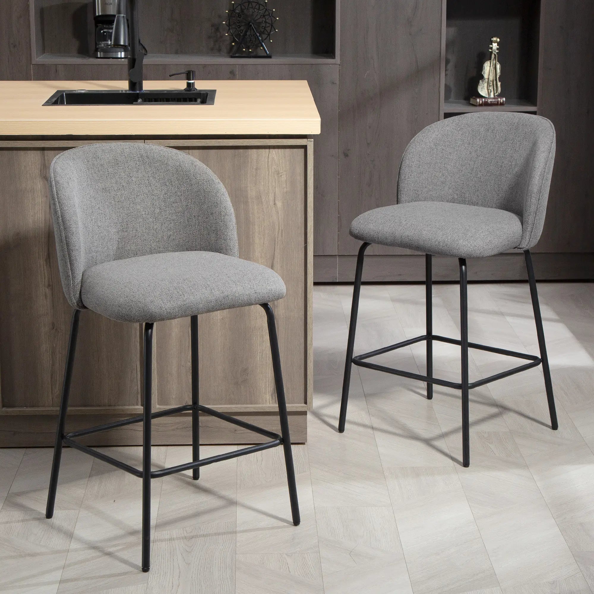 Set of 2 Counter Height Barstools, Upholstered Linen with Backrest, Dark Grey Bar Stools at Gallery Canada