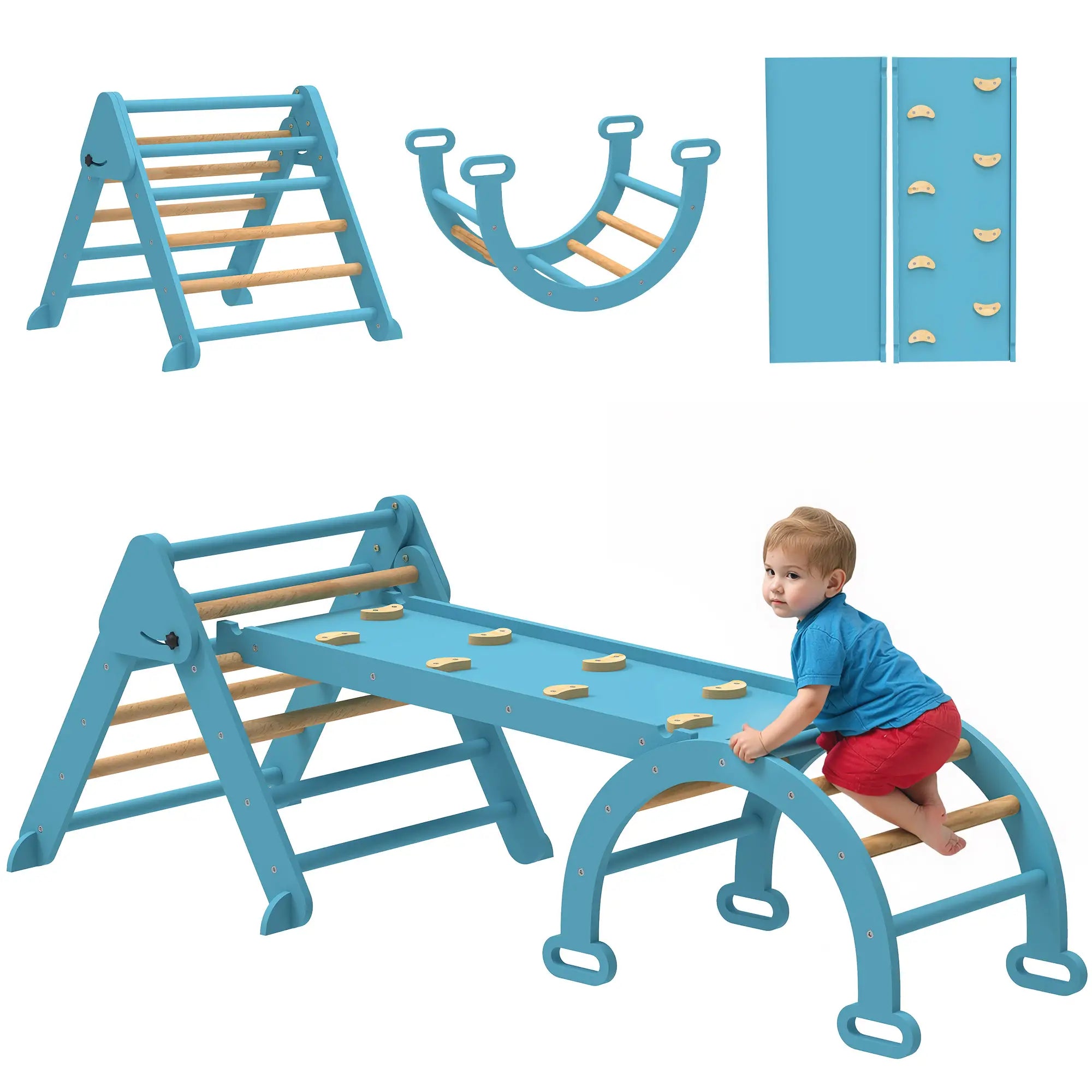 7-in-1 Pikler Triangle Set, Foldable Wooden Climbing Toys, Blue Kids Gym & Playmats at Gallery Canada