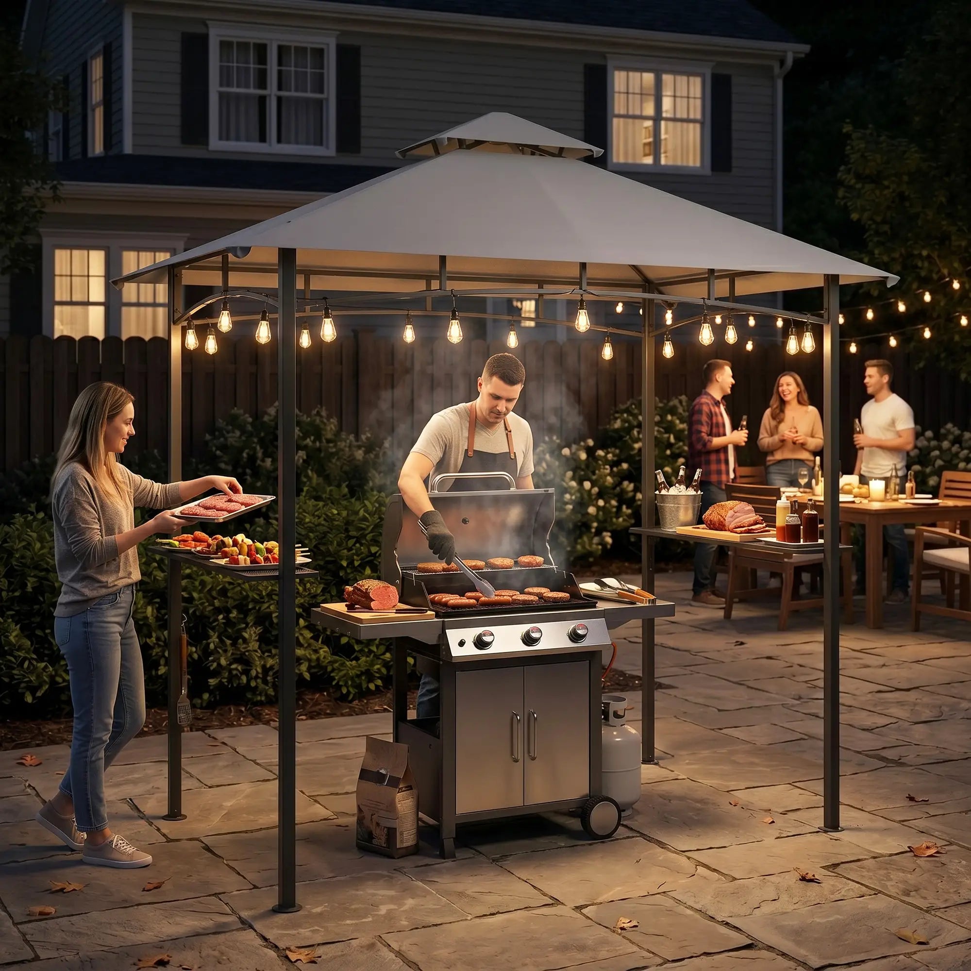 8' x 5' BBQ Grill Gazebo Tent, Double Tiered Canopy, Outdoor Sun Shade, Grey BBQ Grill Gazebos at Gallery Canada