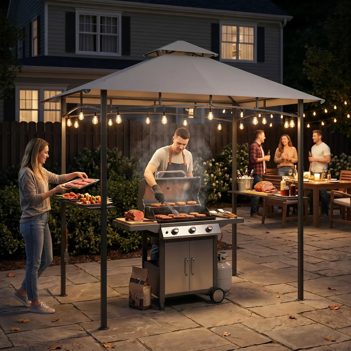 8' x 5' BBQ Grill Gazebo Tent, Double Tiered Canopy, Outdoor Sun Shade, Grey BBQ Grill Gazebos at Gallery Canada