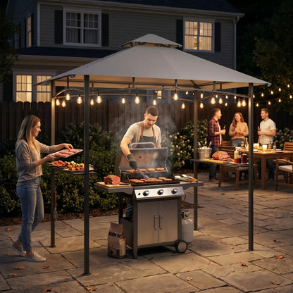 8' x 5' BBQ Grill Gazebo Tent, Double Tiered Canopy, Outdoor Sun Shade, Grey BBQ Grill Gazebos at Gallery Canada