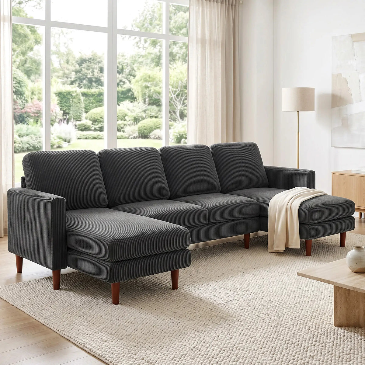 U Shaped Sectional Sofa, 2200lb Capacity, Corduroy, Double Chaise, Dark Grey 3-Seater Sofas at Gallery Canada