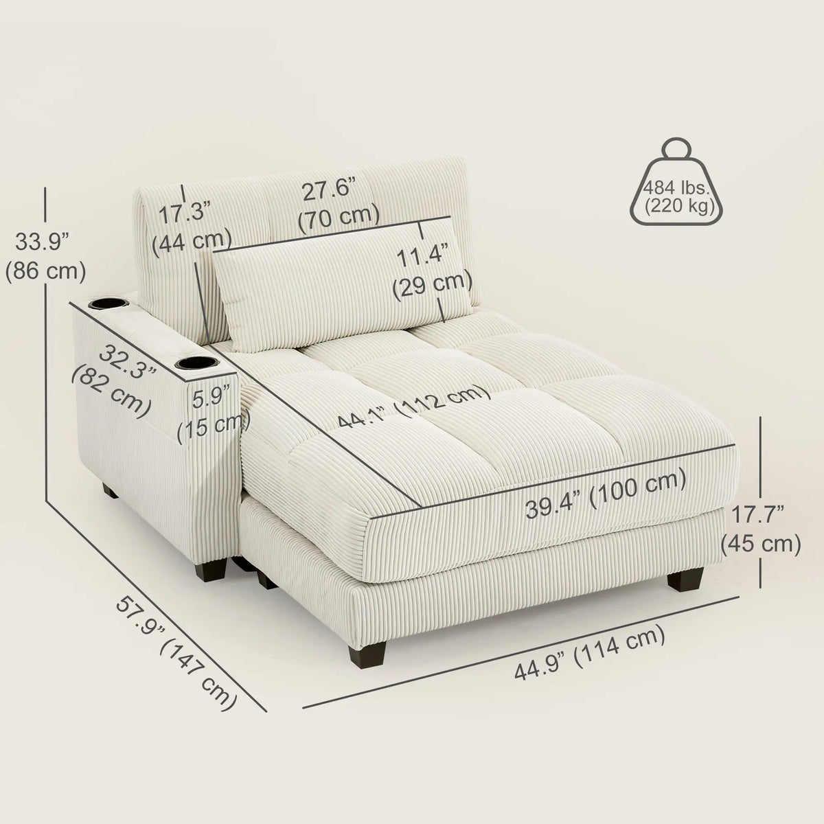 58" Corduroy Chaise Lounge Sofa Bed With Cup Holders, Cream White Sofas & Reclining Chairs at Gallery Canada