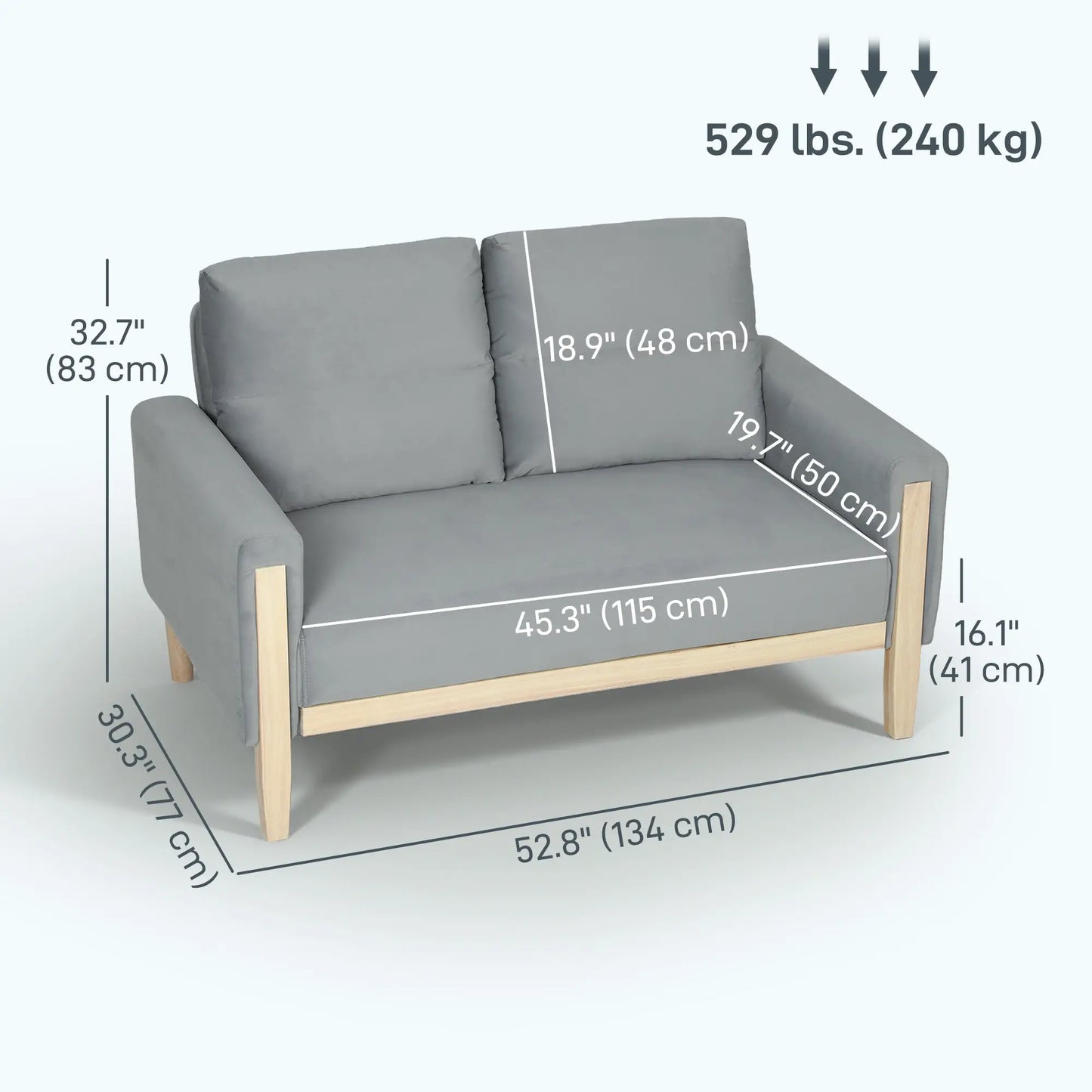53" Loveseat Sofa, 2 Seater with Wood Legs, Velvet, Grey 2-Seater Sofas at Gallery Canada
