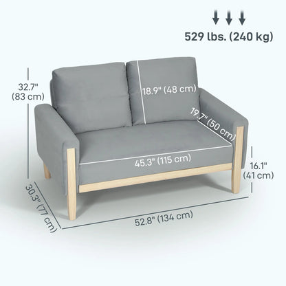 53" Loveseat Sofa, 2 Seater with Wood Legs, Velvet, Grey 2-Seater Sofas at Gallery Canada