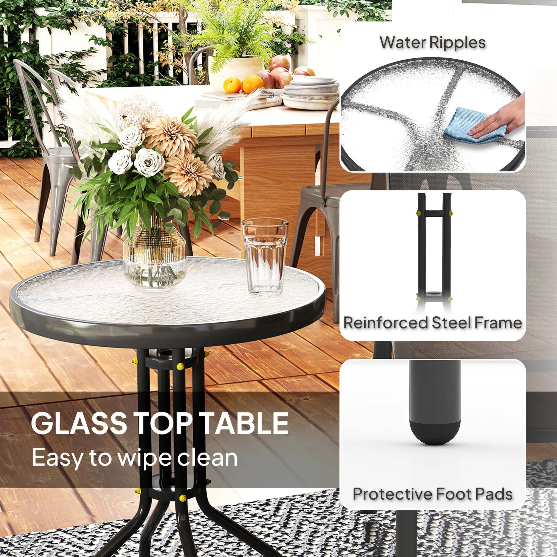 3 Piece Bistro Set, Stackable Mesh Chairs, Glass Table, Black Bistro Sets at Gallery Canada